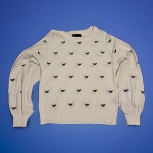 PREMISE Women X-Small Ivory Soft Butterfly Embroidered Lightweight Sweater Fairy